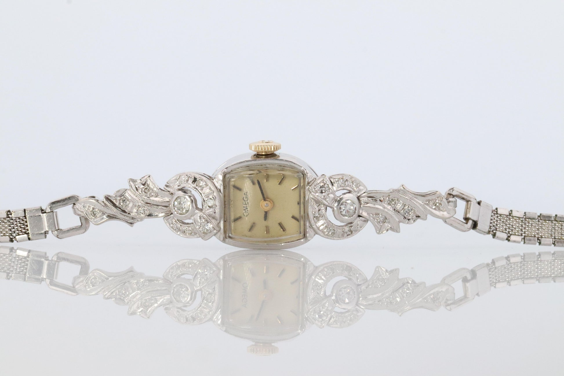 Omega watch. Omega Platinum and Diamond manual Antique Ladies wristwatch.