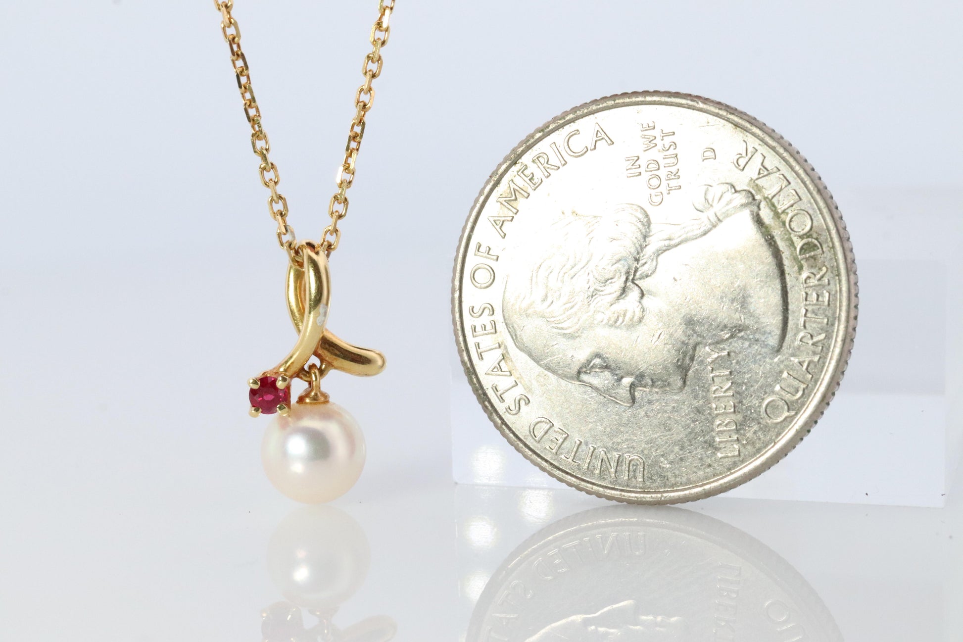 Mikimoto Pendant. 18k Yellow Gold Mikimoto Pearl Ruby Necklace.