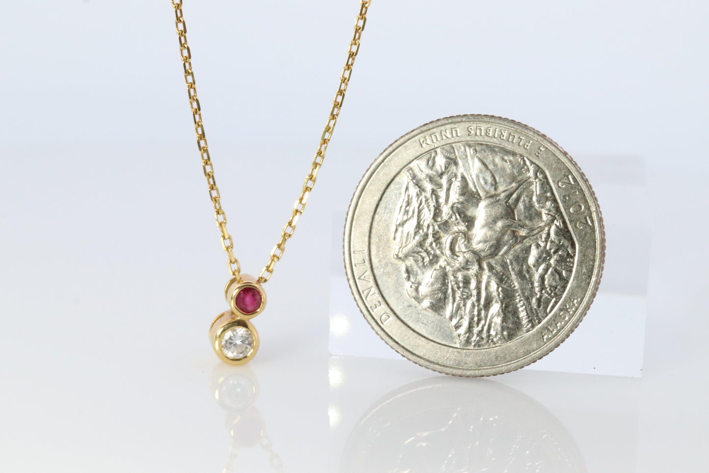 Mikimoto Pendant. 18k Yellow Gold Mikimoto Diamond Ruby Solitaire Necklace.