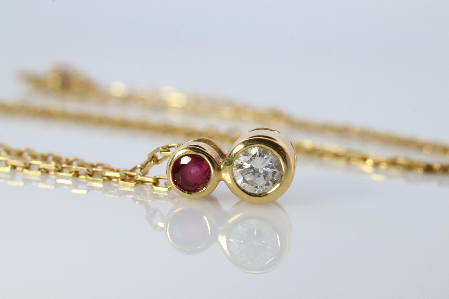 Mikimoto Pendant. 18k Yellow Gold Mikimoto Diamond Ruby Solitaire Necklace.