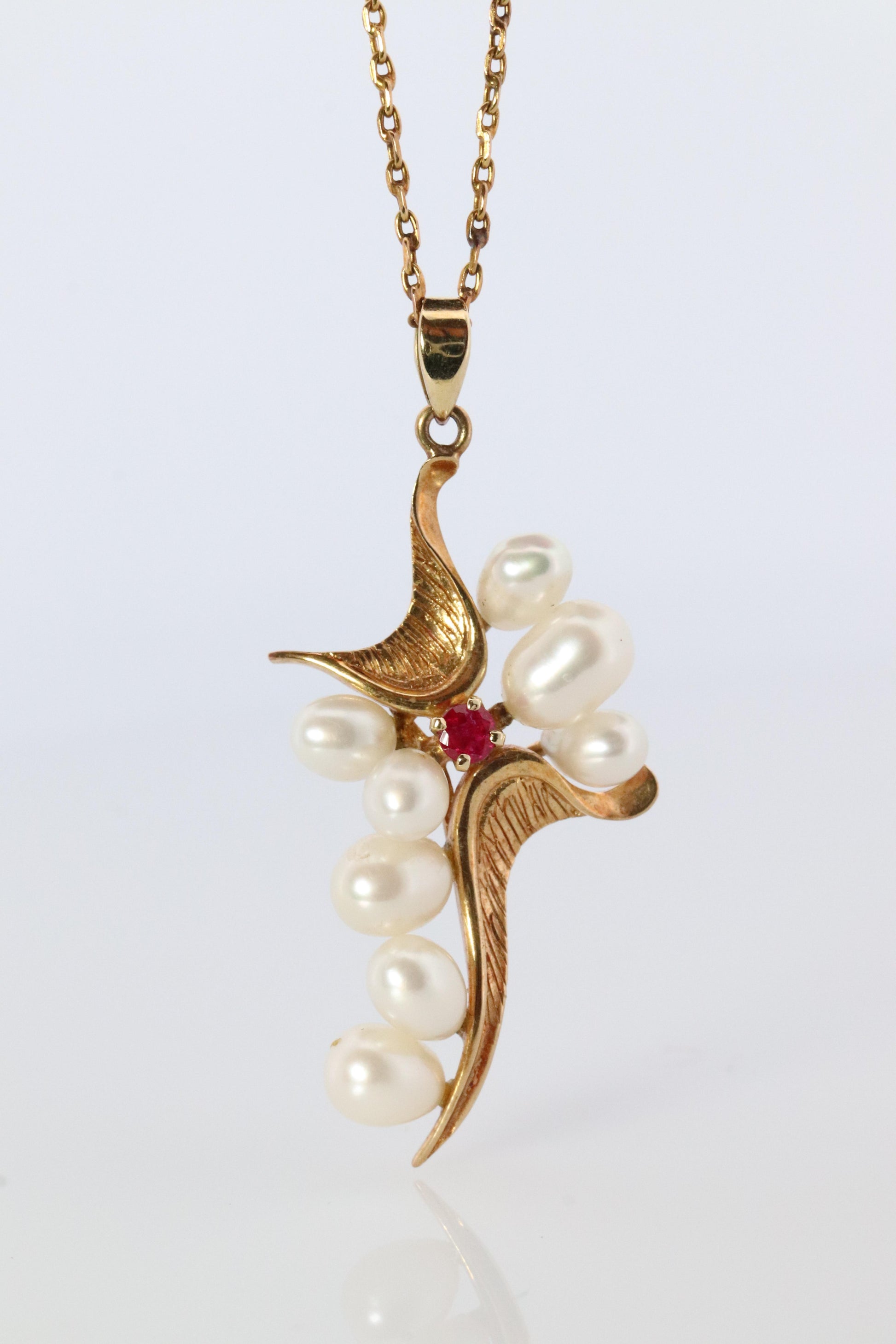 Mikimoto Pendant. 14k Yellow Gold Mikimoto Pearl Ruby Cross Crucifix Necklace.