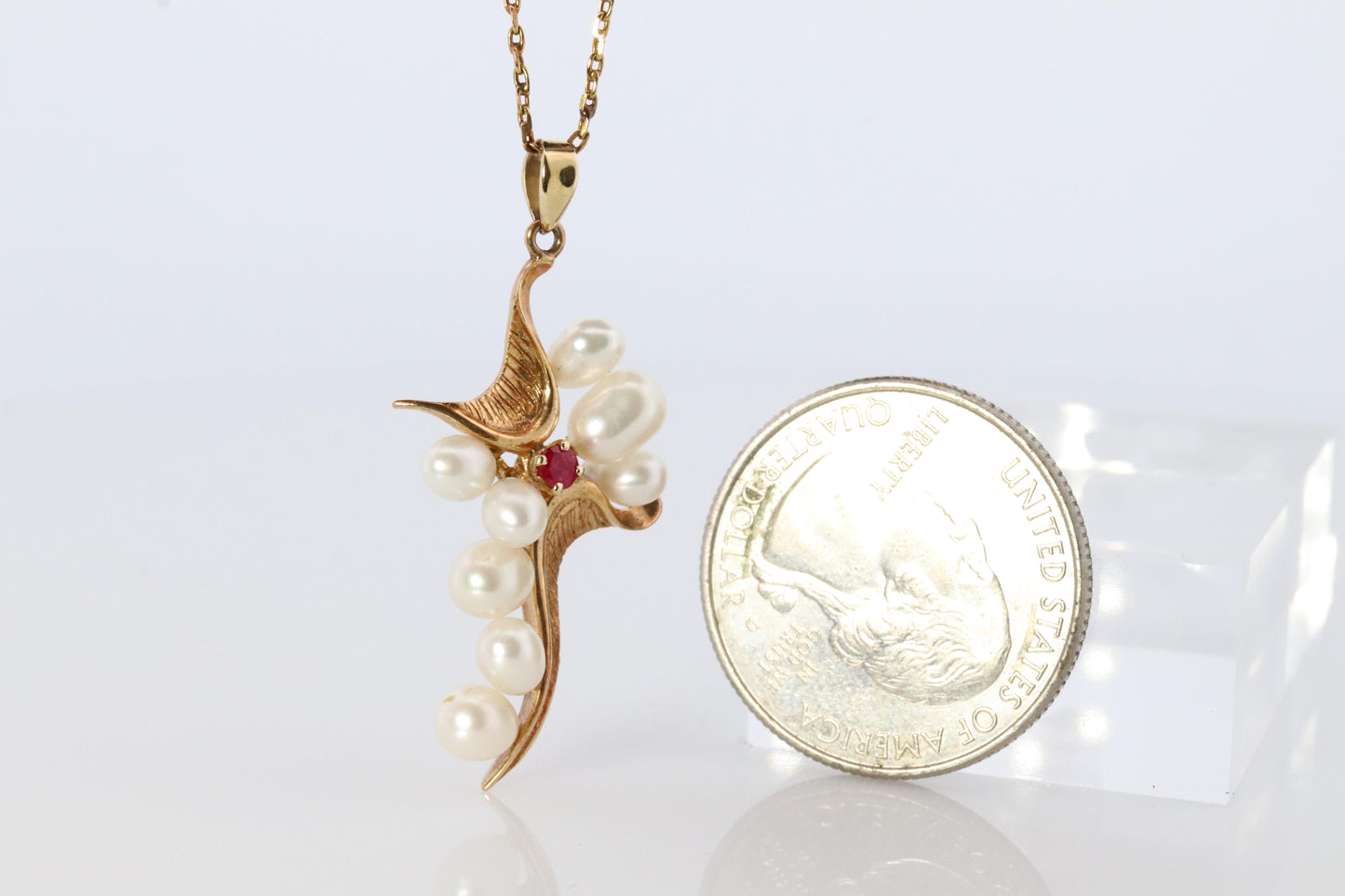 Mikimoto Pendant. 14k Yellow Gold Mikimoto Pearl Ruby Cross Crucifix Necklace.