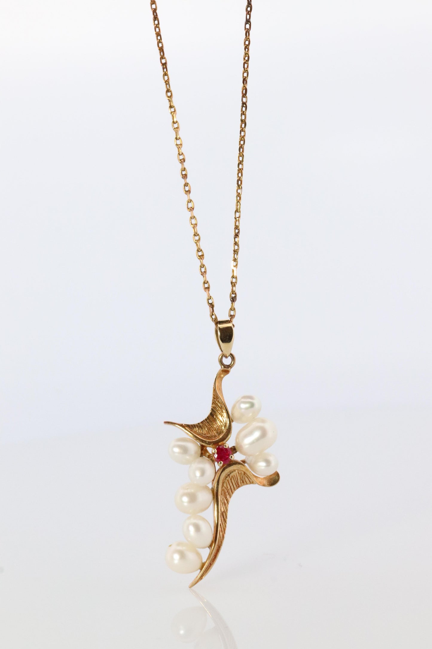 Mikimoto Pendant. 14k Yellow Gold Mikimoto Pearl Ruby Cross Crucifix Necklace.