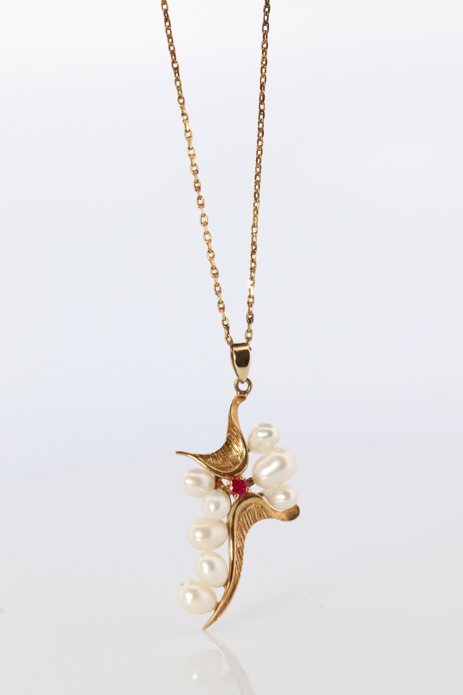 Mikimoto Pendant. 14k Yellow Gold Mikimoto Pearl Ruby Cross Crucifix Necklace.