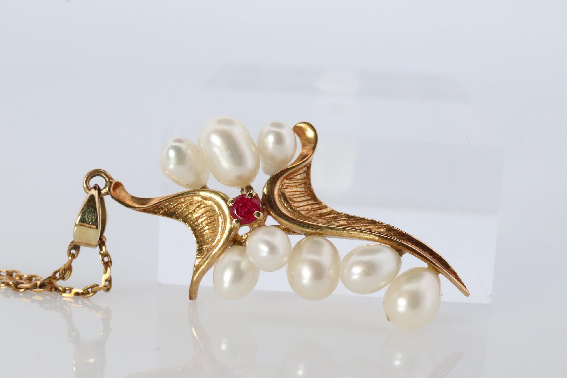Mikimoto Pendant. 14k Yellow Gold Mikimoto Pearl Ruby Cross Crucifix Necklace.