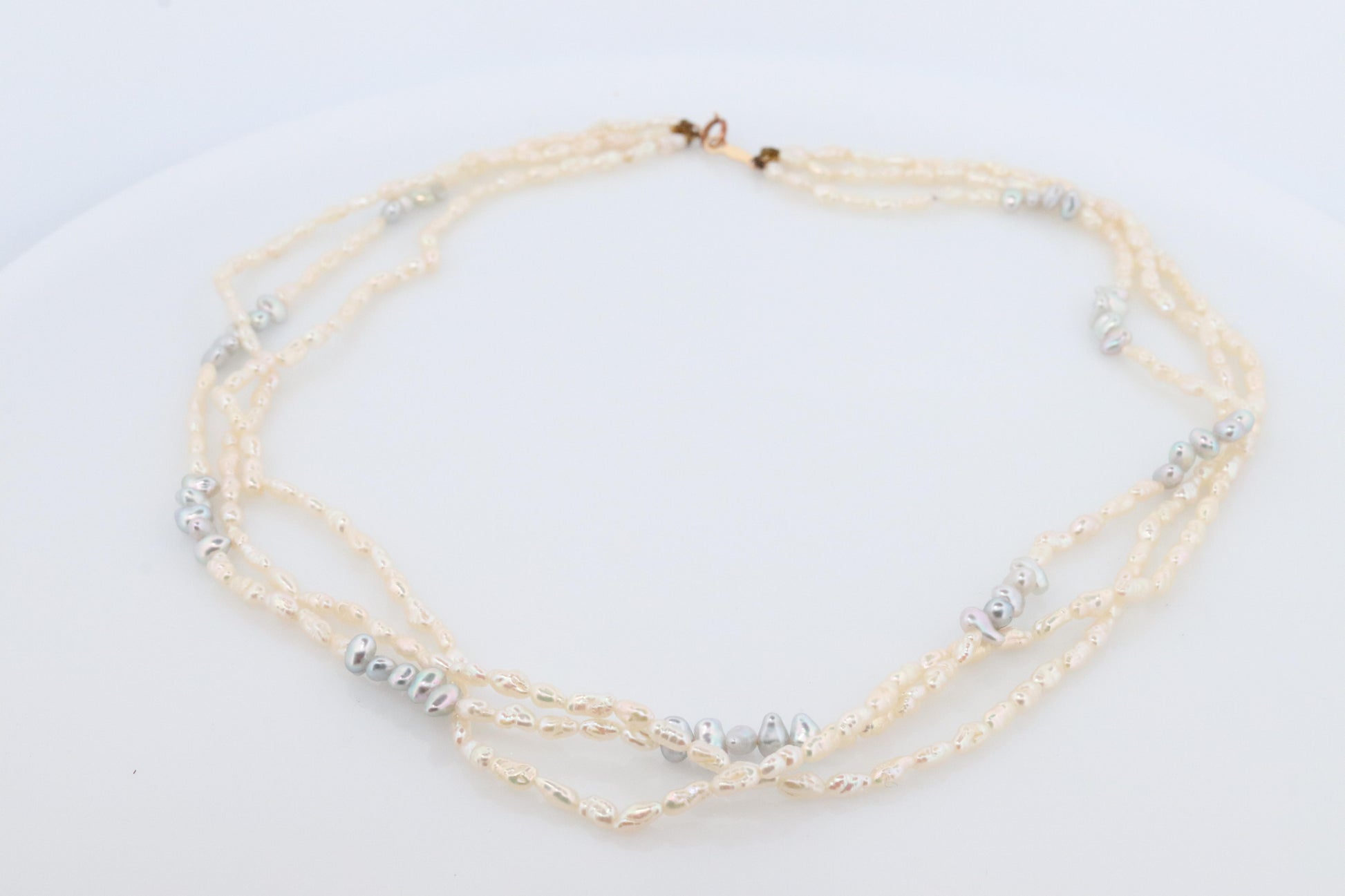 MIKIMOTO 18k Gold Pearl Necklace. Rice Pearls Multi Strand Necklace.
