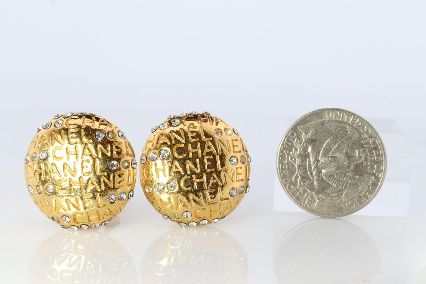 Chanel Earrings. Genuine CC CHANEL Round LOGO Clip on earrings Disc disk Crystal