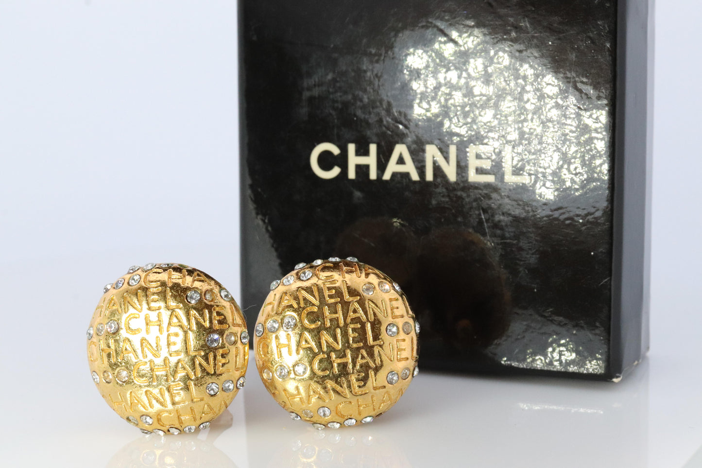 Chanel Earrings. Genuine CC CHANEL Round LOGO Clip on earrings Disc disk Crystal