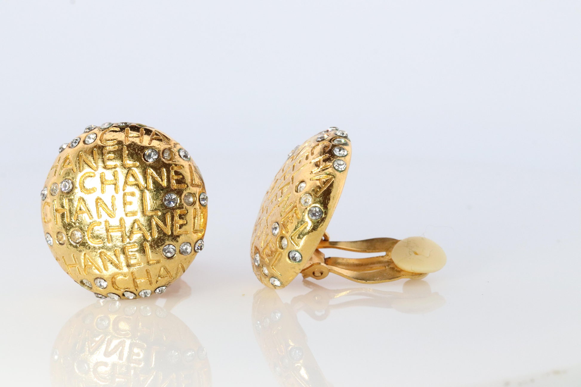 Chanel Earrings. Genuine CC CHANEL Round LOGO Clip on earrings Disc disk Crystal