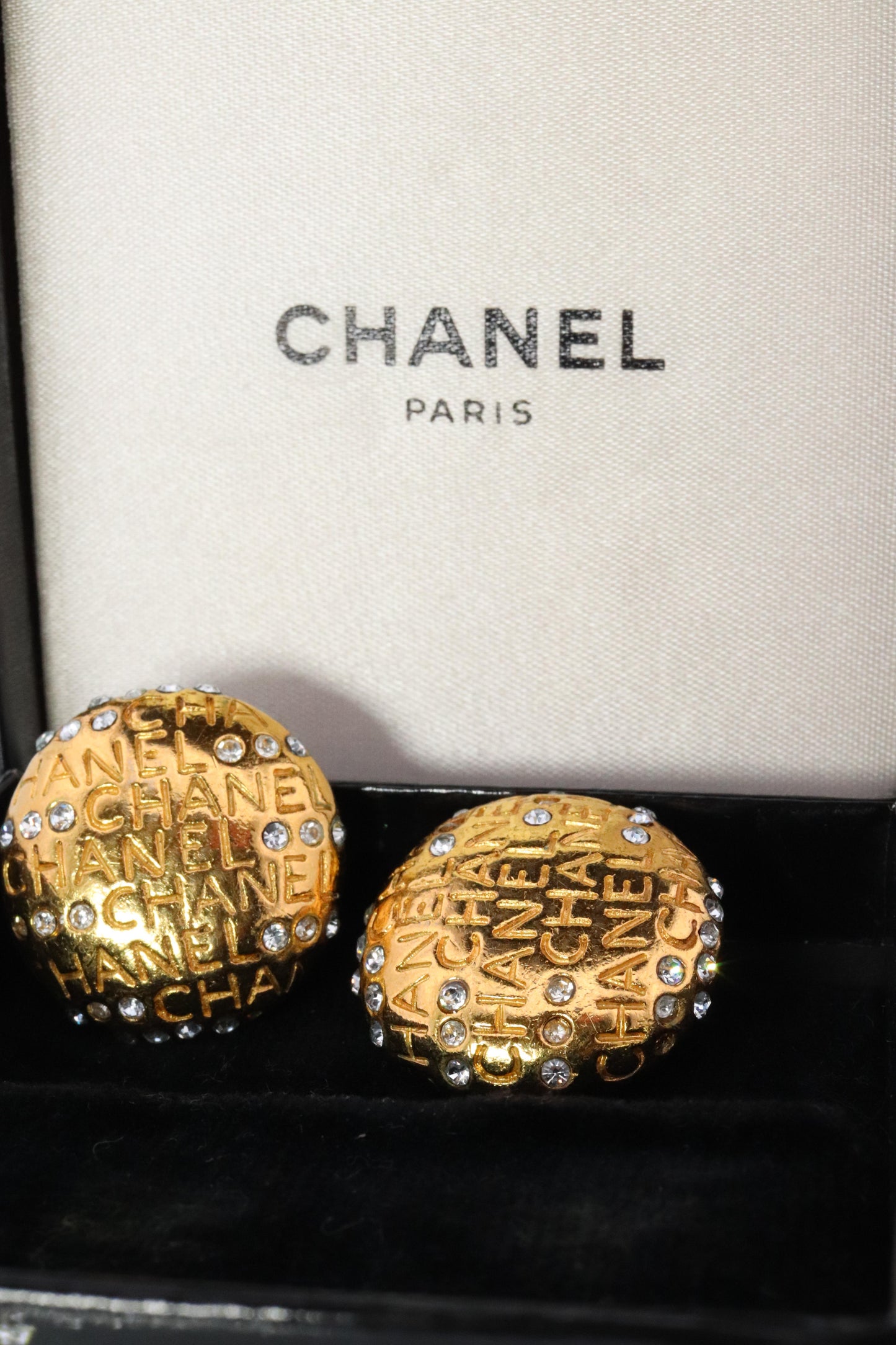Chanel Earrings. Genuine CC CHANEL Round LOGO Clip on earrings Disc disk Crystal