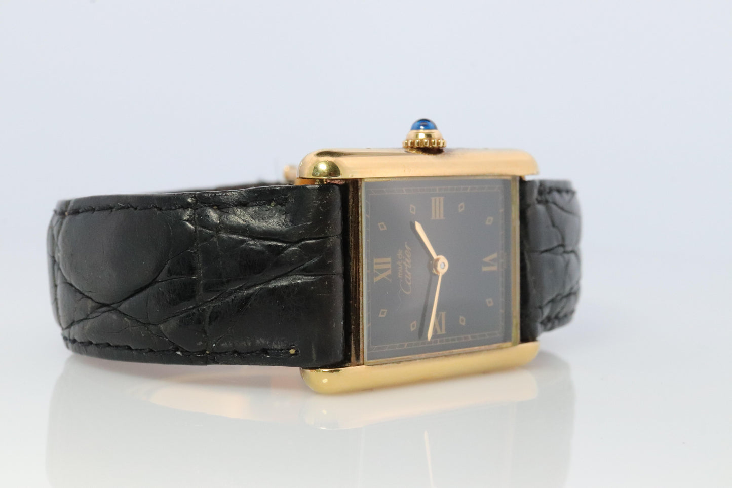 Vintage Must de Cartier Trinity Tank Watch. 925 Vermeil ARGENT Black Tank.