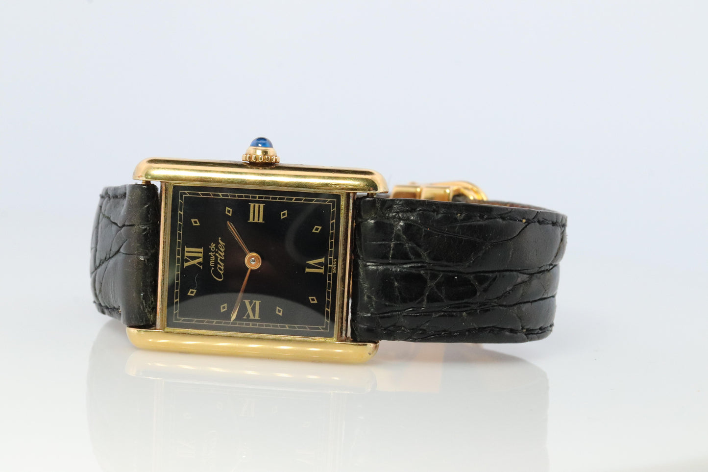 Vintage Must de Cartier Trinity Tank Watch. 925 Vermeil ARGENT Black Tank.