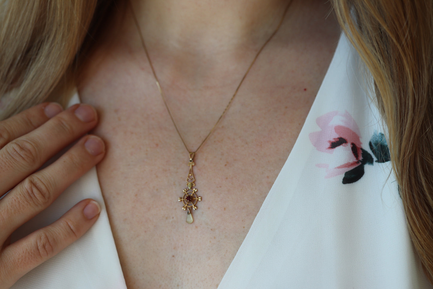 Art Nouveau Ruby and Pearl seed Buttercup 10k gold Lavaliere