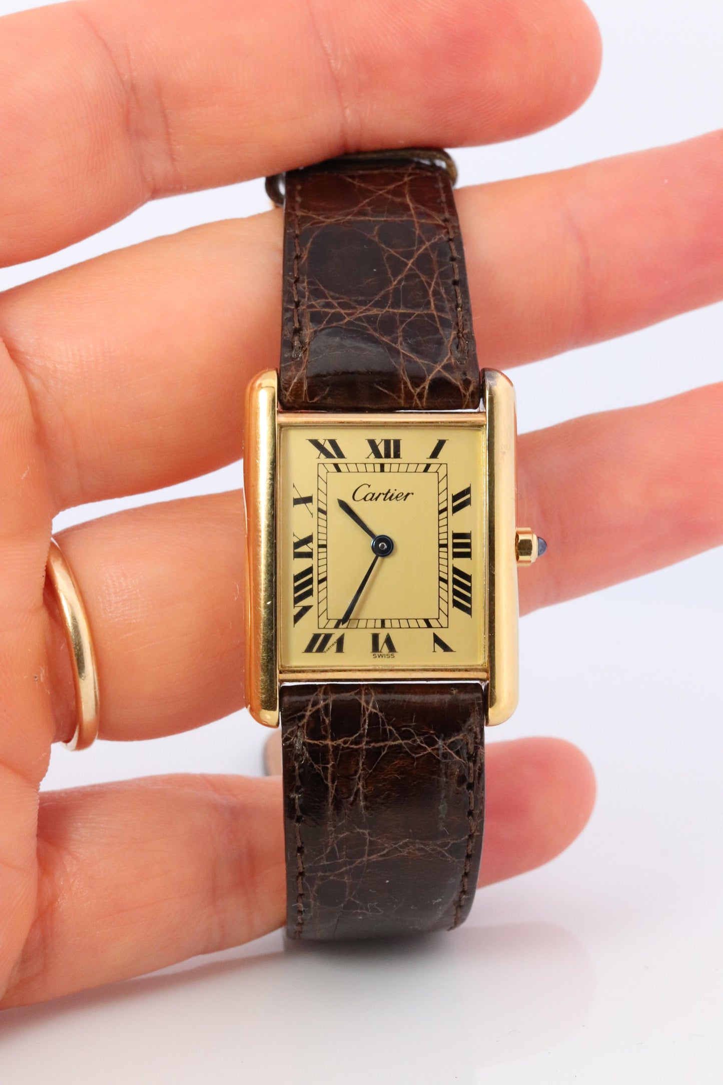 Vintage Must de Cartier Trinity Tank Watch. 925 Vermeil ARGENT Champagne Tank.