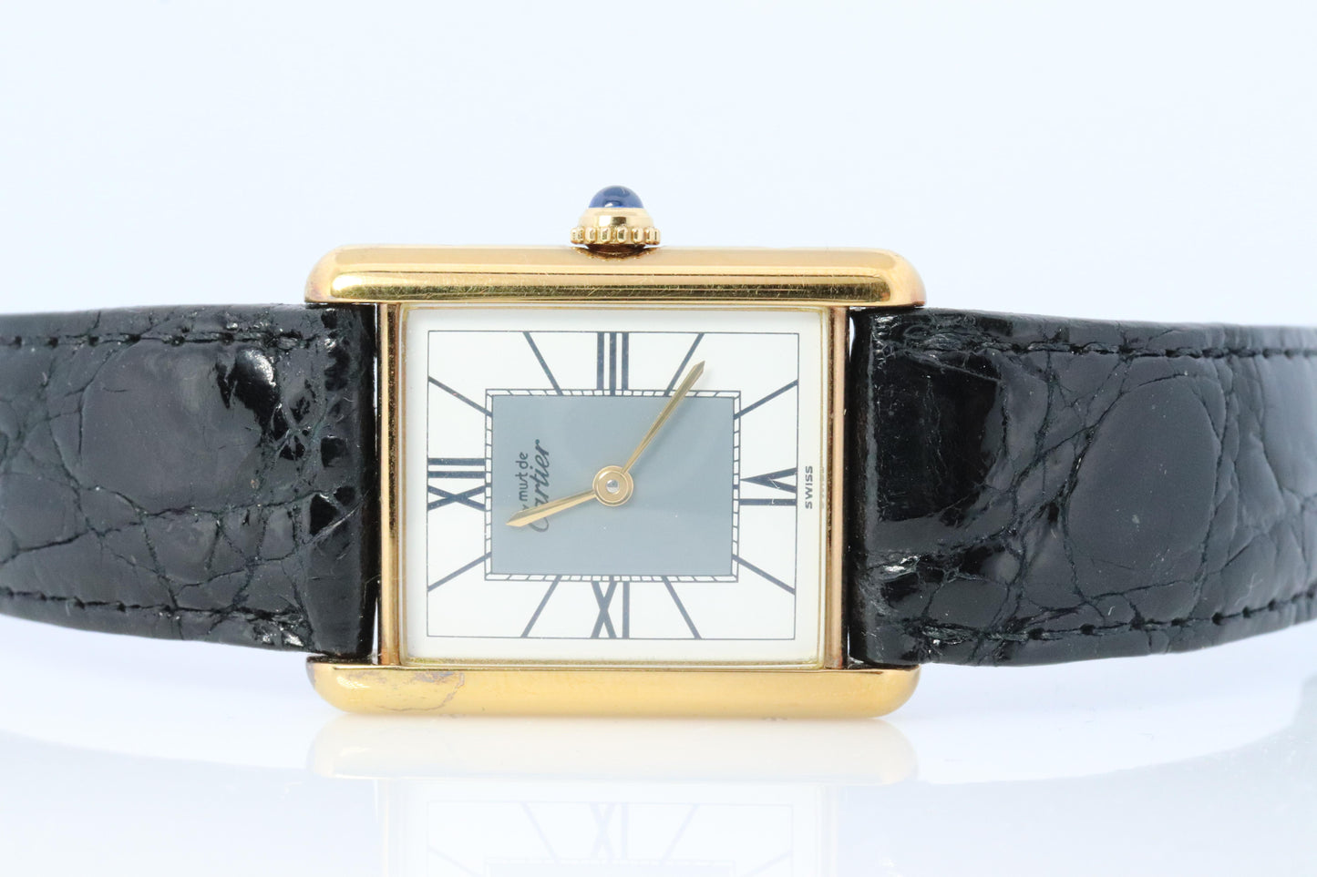 Vintage Must de Cartier Trinity Tank Watch. 925 Vermeil ARGENT Gray White Dial.