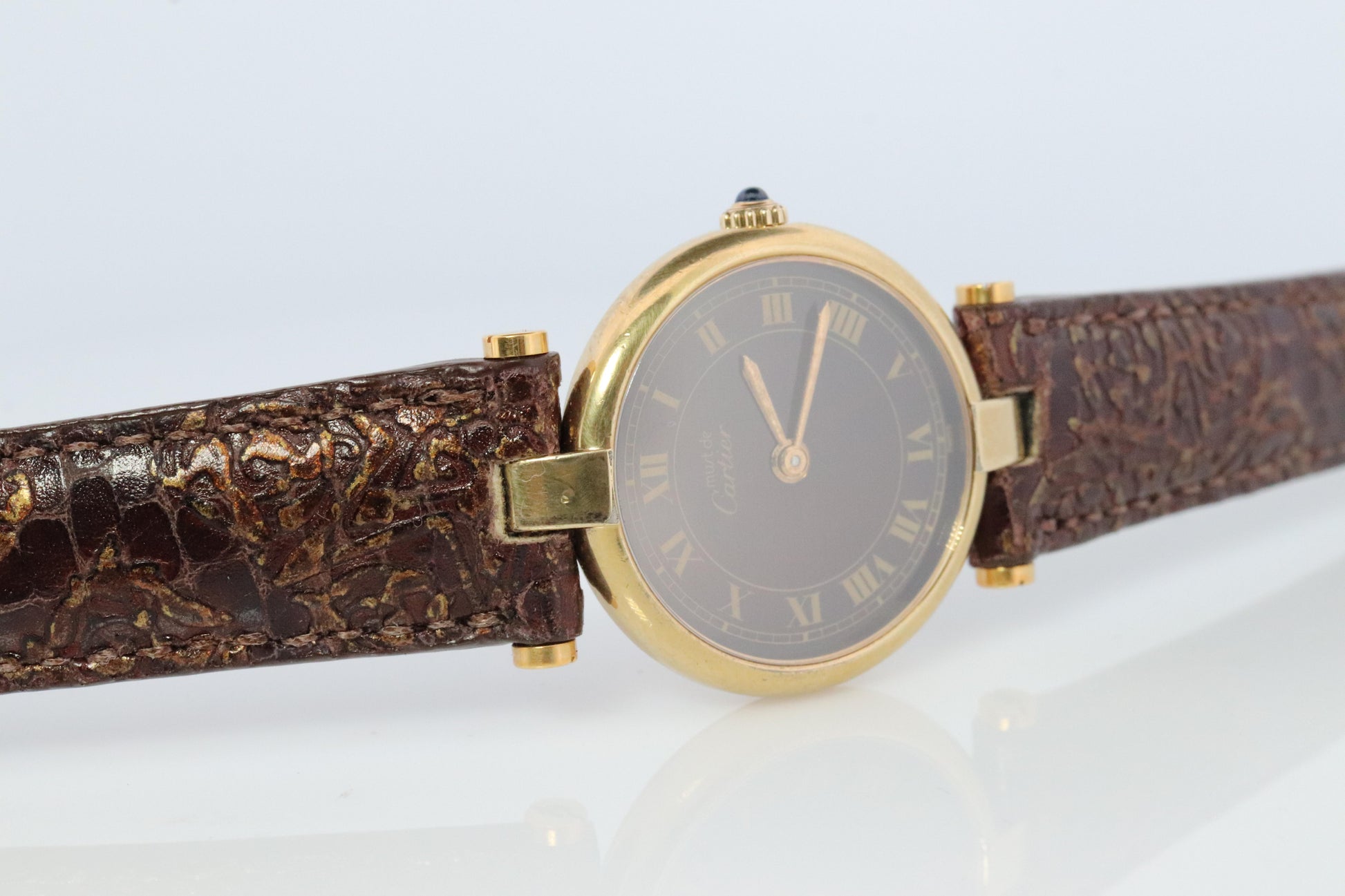 Genuine Cartier Watch. Must de Cartier Vendome Round Argent Vermeil Brown ladies