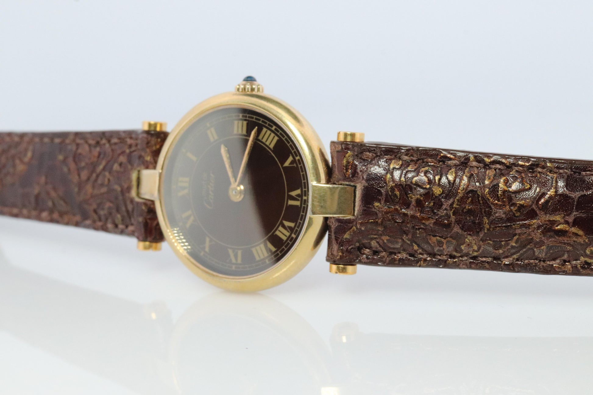 Genuine Cartier Watch. Must de Cartier Vendome Round Argent Vermeil Brown ladies