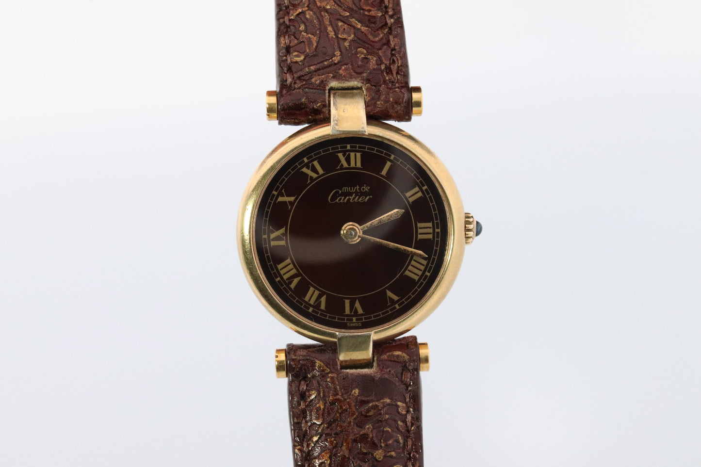 Genuine Cartier Watch. Must de Cartier Vendome Round Argent Vermeil Brown ladies