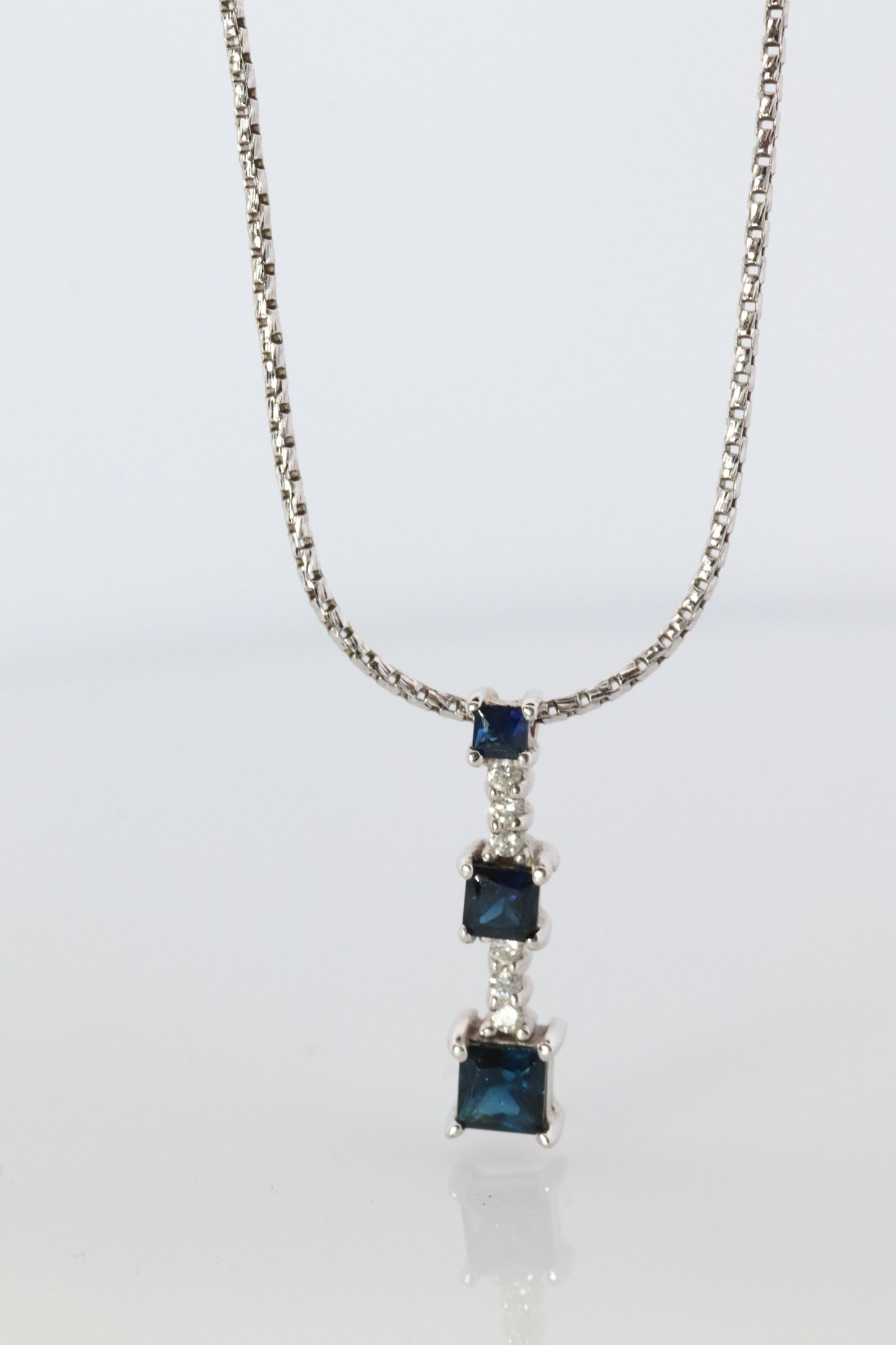 Blue Sapphire diamond Journey pendant. 14k Gold Princess Sapphires Necklace