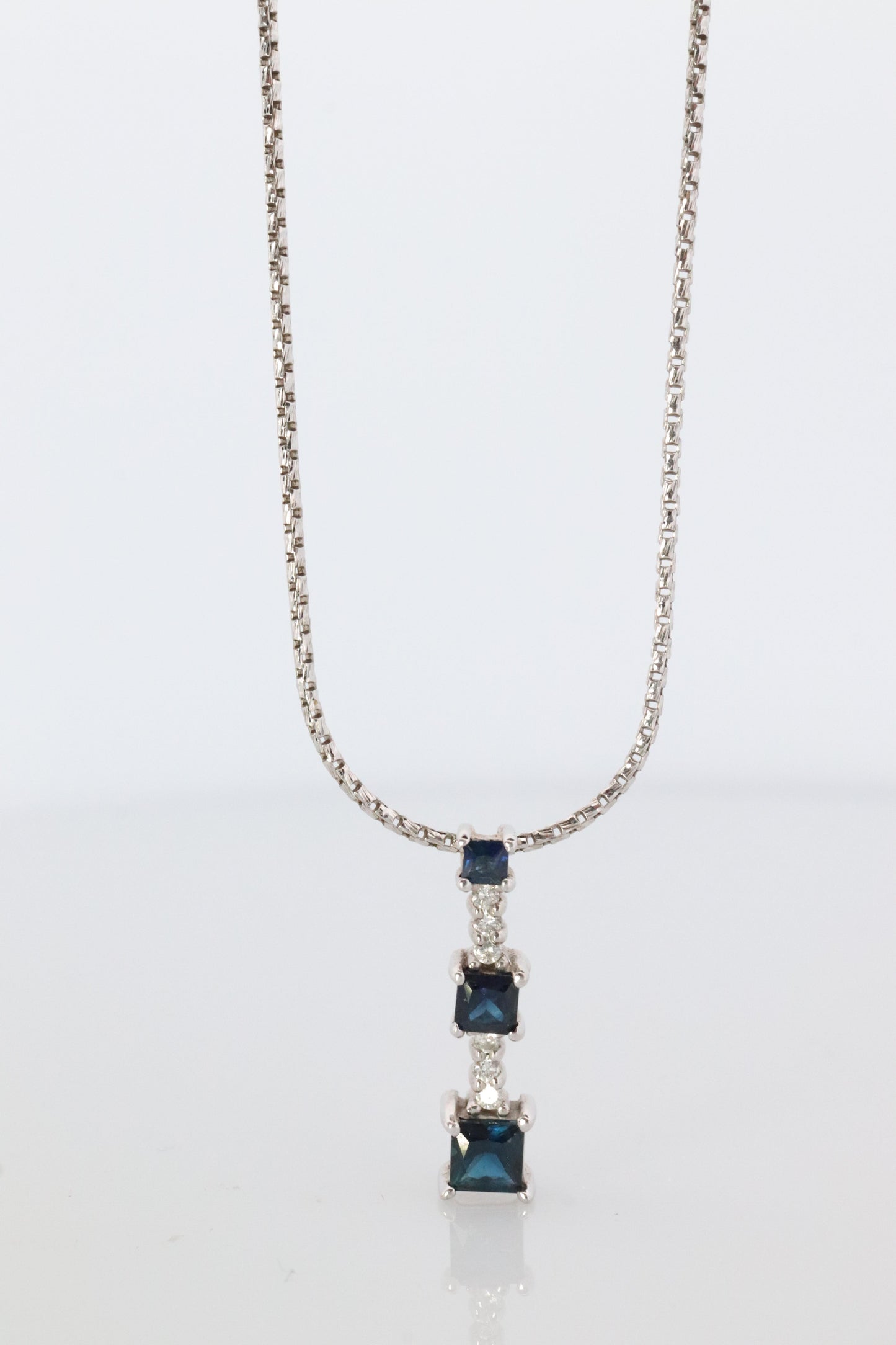 Blue Sapphire diamond Journey pendant. 14k Gold Princess Sapphires Necklace