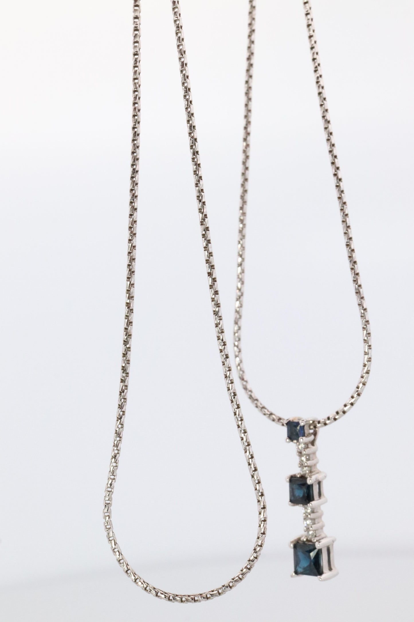 Blue Sapphire diamond Journey pendant. 14k Gold Princess Sapphires Necklace