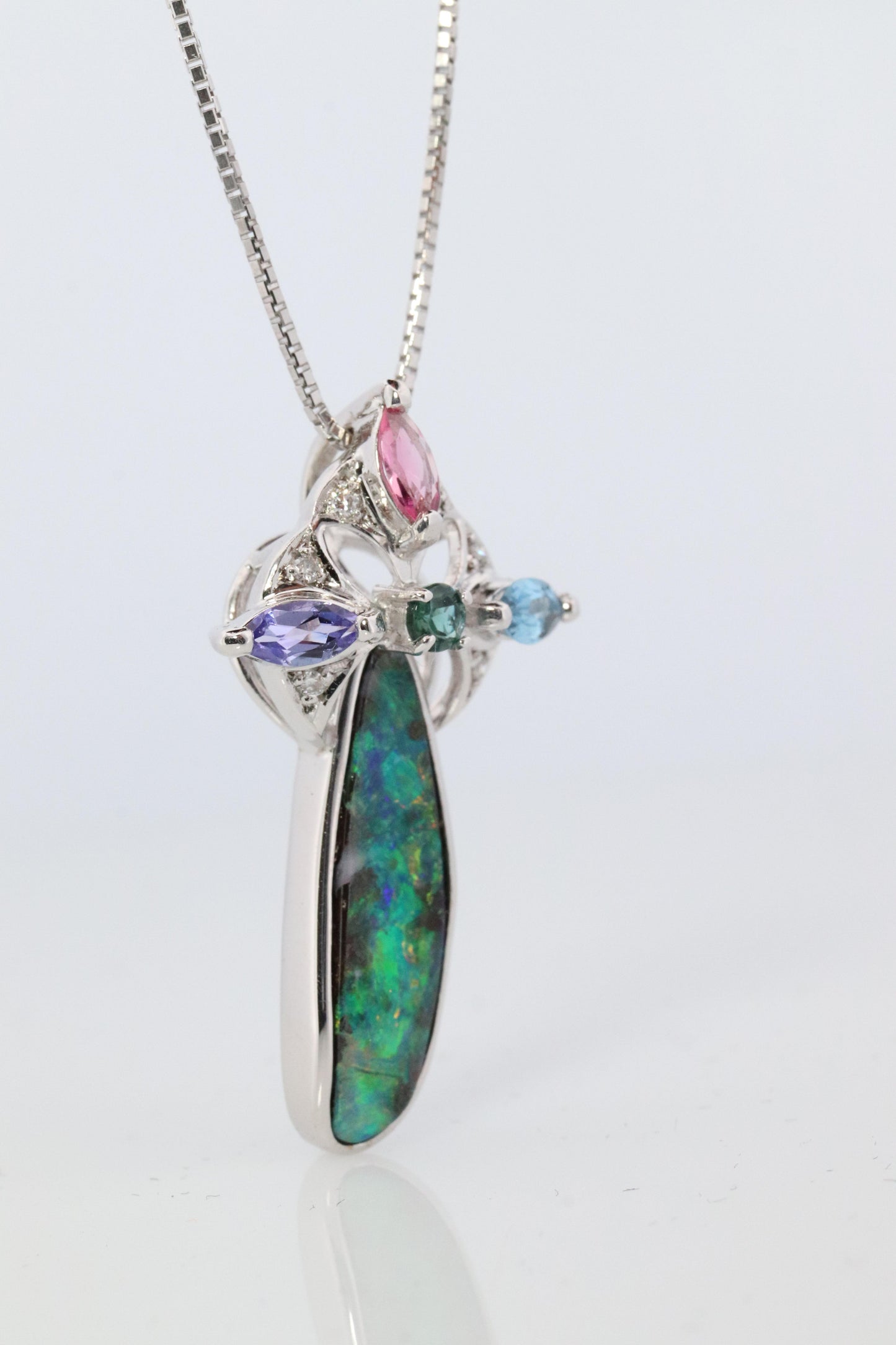 Boulder Opal Sapphire Pendant. 18k White Gold Opal Diamond Sapphire Necklace.