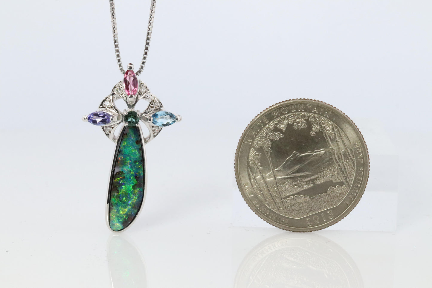 Boulder Opal Sapphire Pendant. 18k White Gold Opal Diamond Sapphire Necklace.