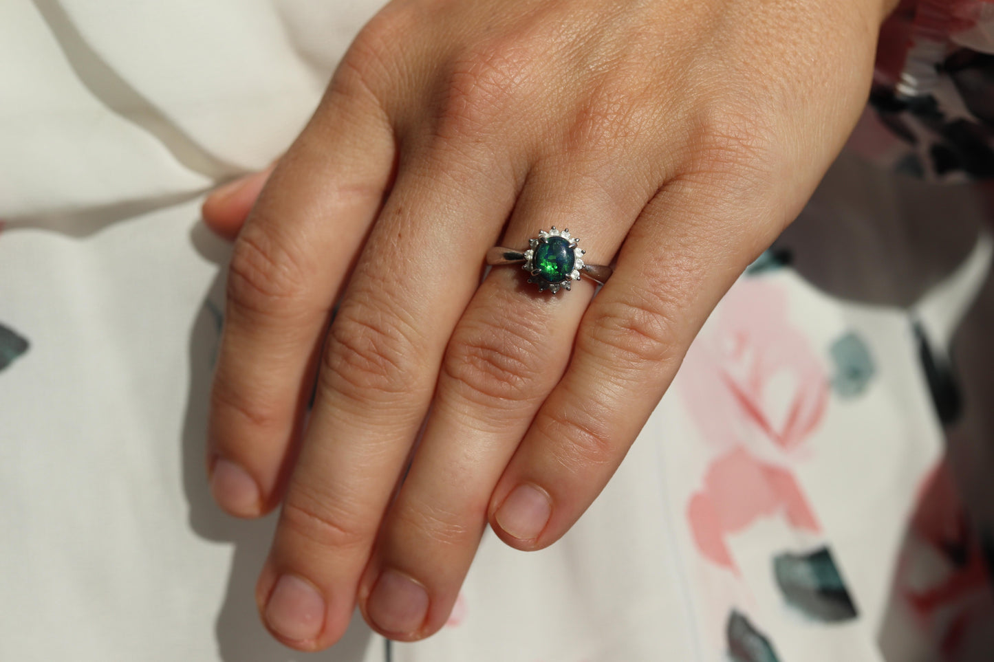 Black Opal Diamond Ring. PT900 Platinum Opal Diamond Halo Solitaire Ring Band.