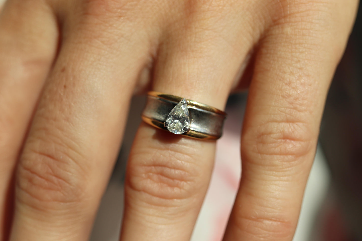 18k Gold LARGE Diamond Pear engagement ring. Platinum and 18k Diamond Solitaire