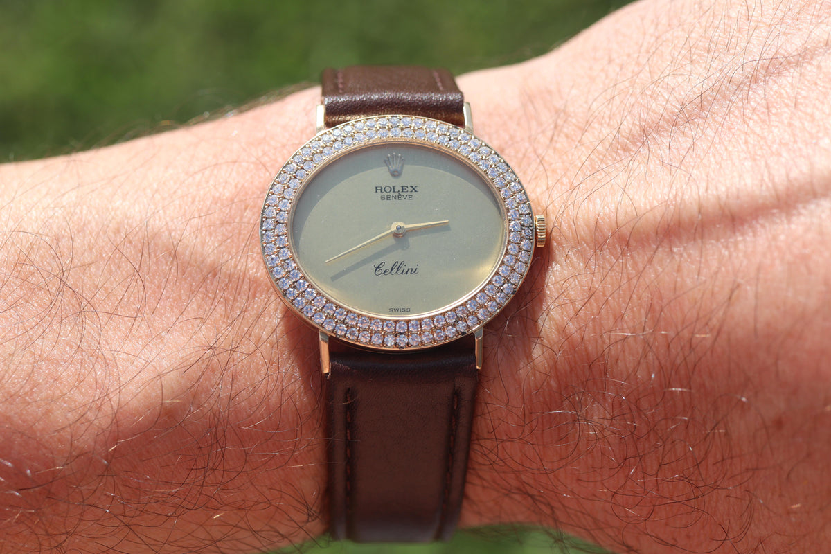 Genuine 18k Rolex Watch. 18k YG Rolex CELLINI 4083 Diamond Bezel.