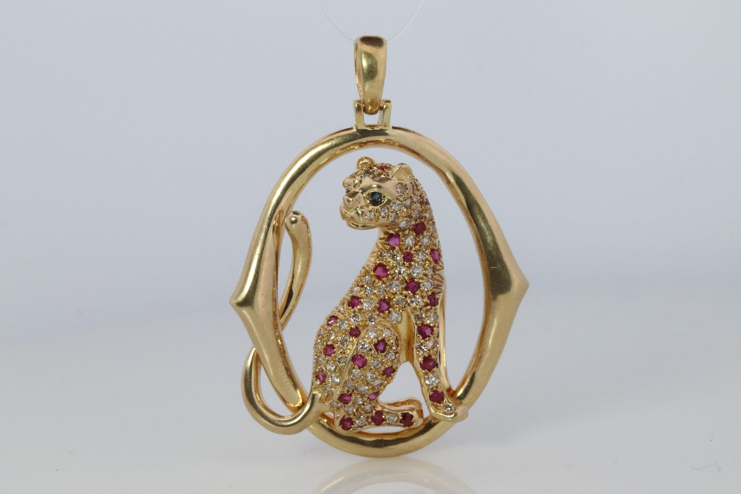 18k Panther Leopard Jaguar Cheetah Ruby Pendant. Encrusted Rubies and Diamonds.