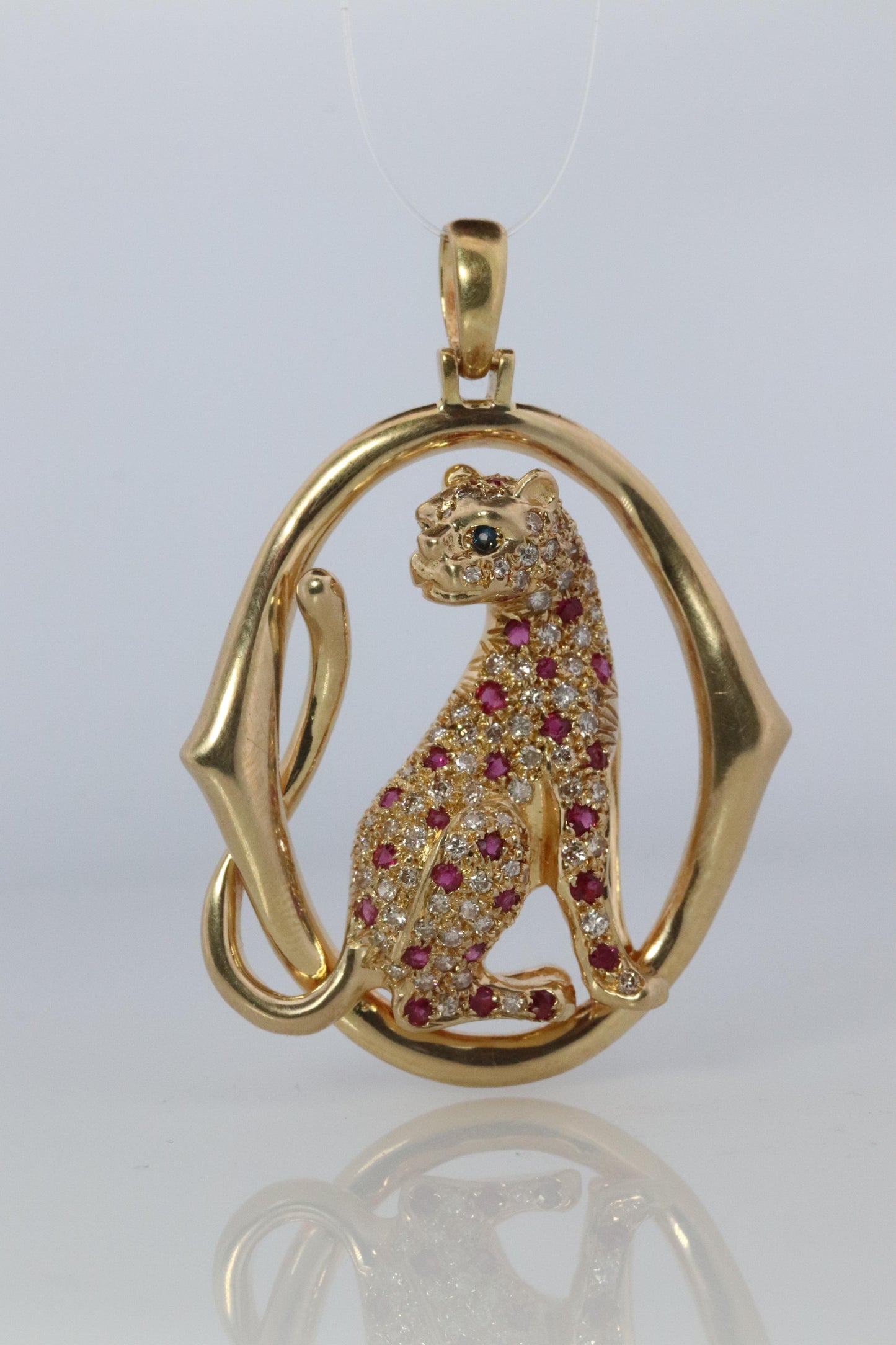 18k Panther Leopard Jaguar Cheetah Ruby Pendant. Encrusted Rubies and Diamonds.