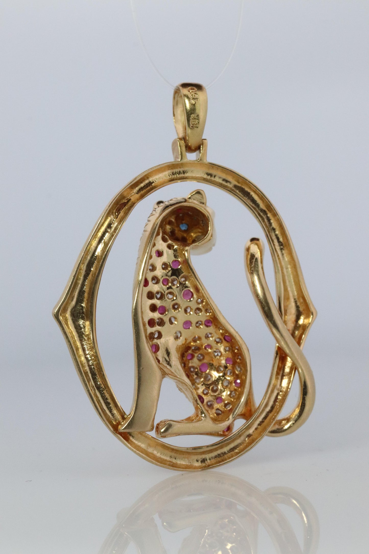 18k Panther Leopard Jaguar Cheetah Ruby Pendant. Encrusted Rubies and Diamonds.