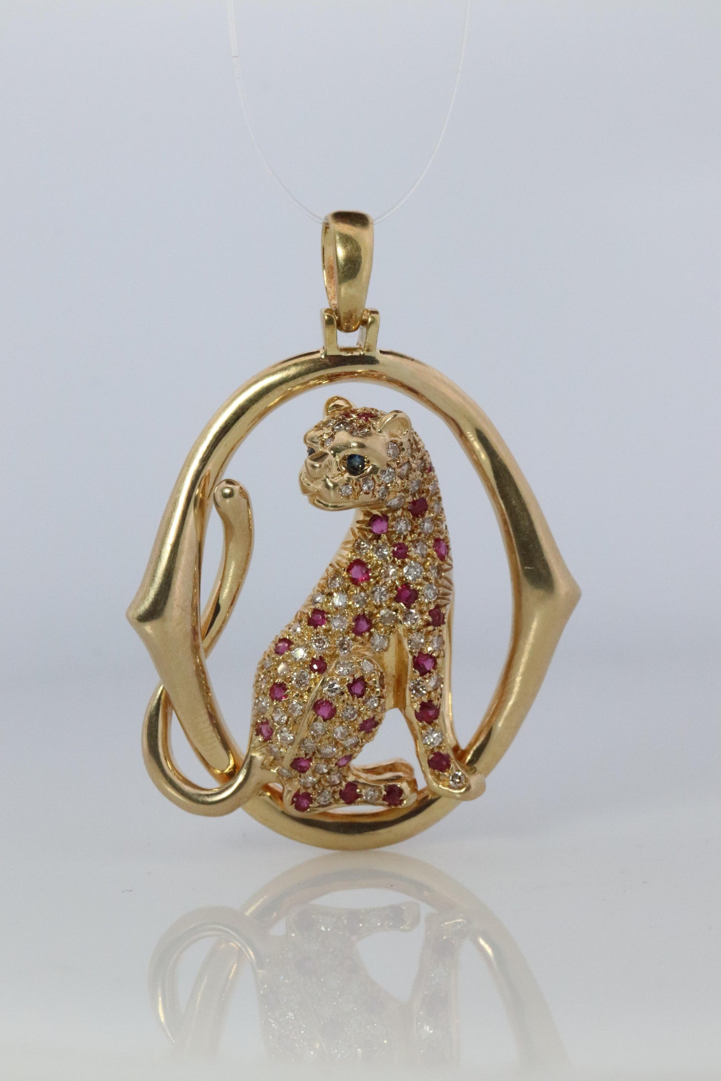 18k Panther Leopard Jaguar Cheetah Ruby Pendant. Encrusted Rubies and Diamonds.