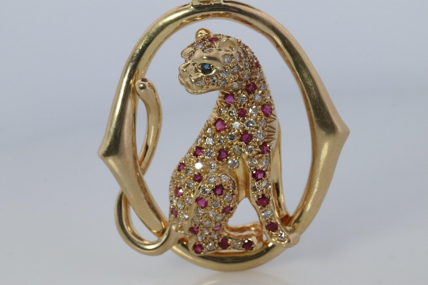 18k Panther Leopard Jaguar Cheetah Ruby Pendant. Encrusted Rubies and Diamonds.