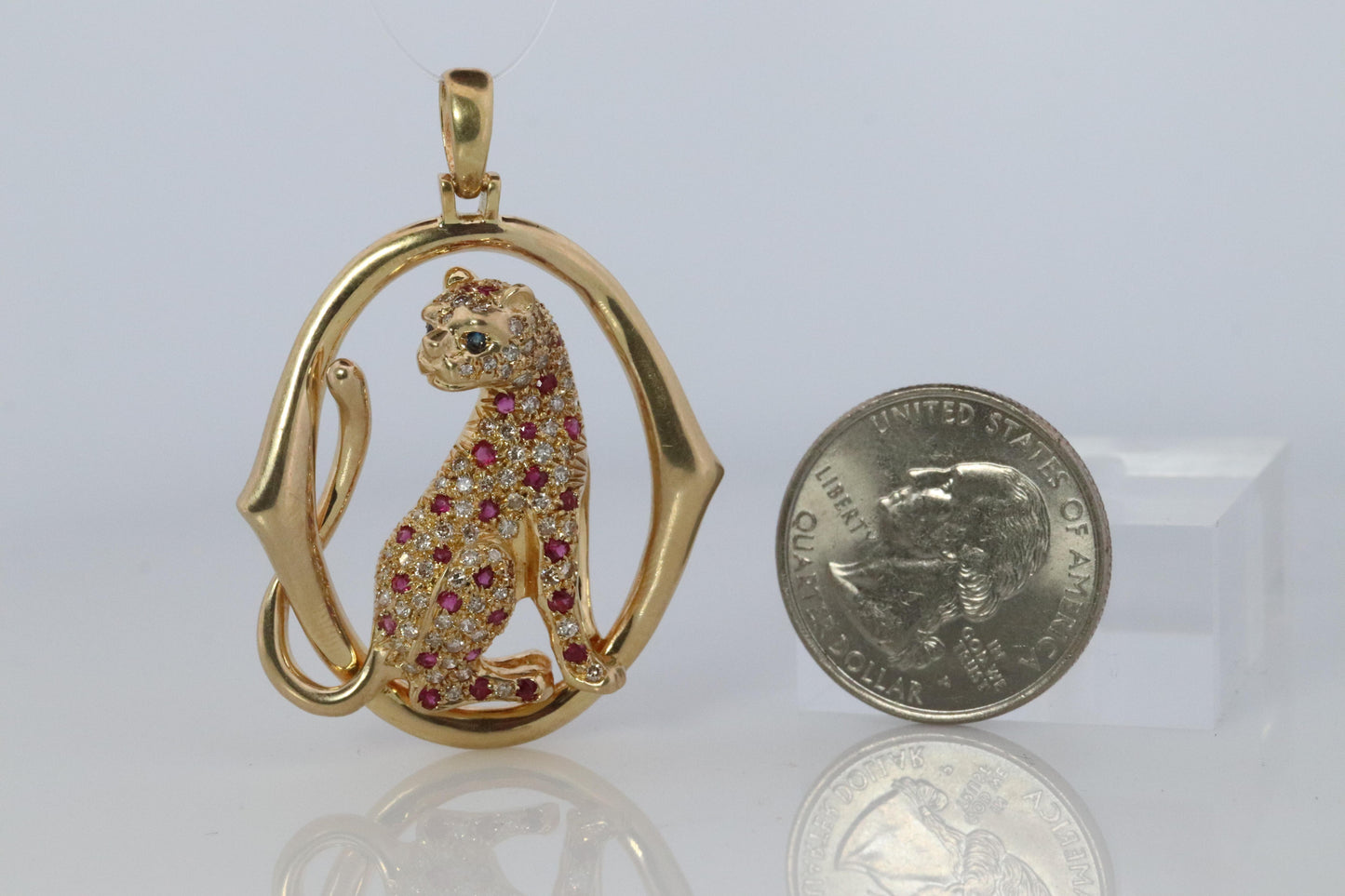18k Panther Leopard Jaguar Cheetah Ruby Pendant. Encrusted Rubies and Diamonds.