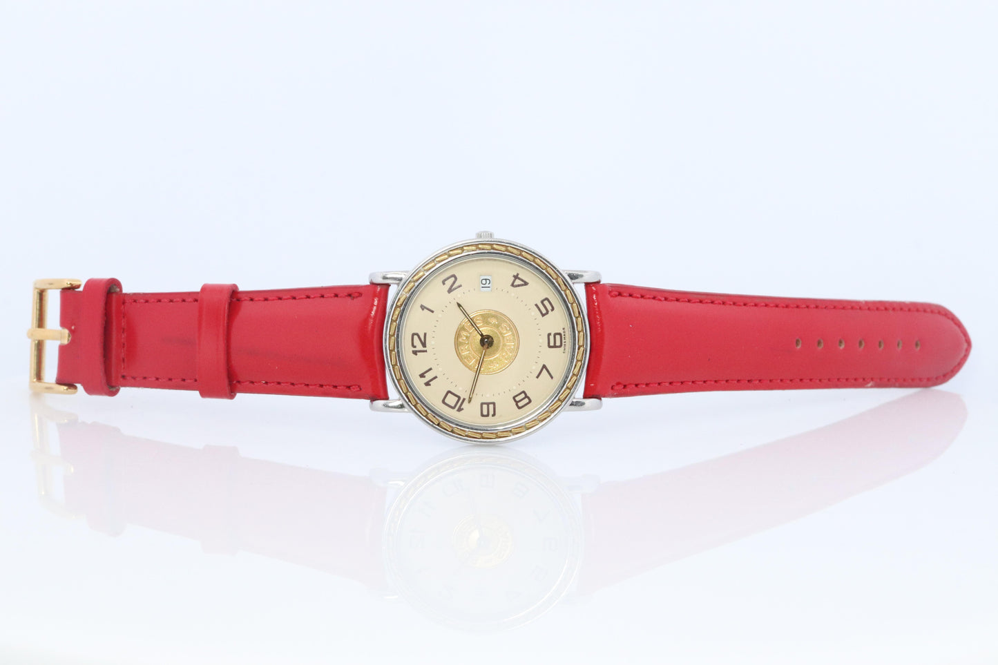 Genuine HERMES Sellier 32mm Round SS and 18k Quartz Watch White Dial.
