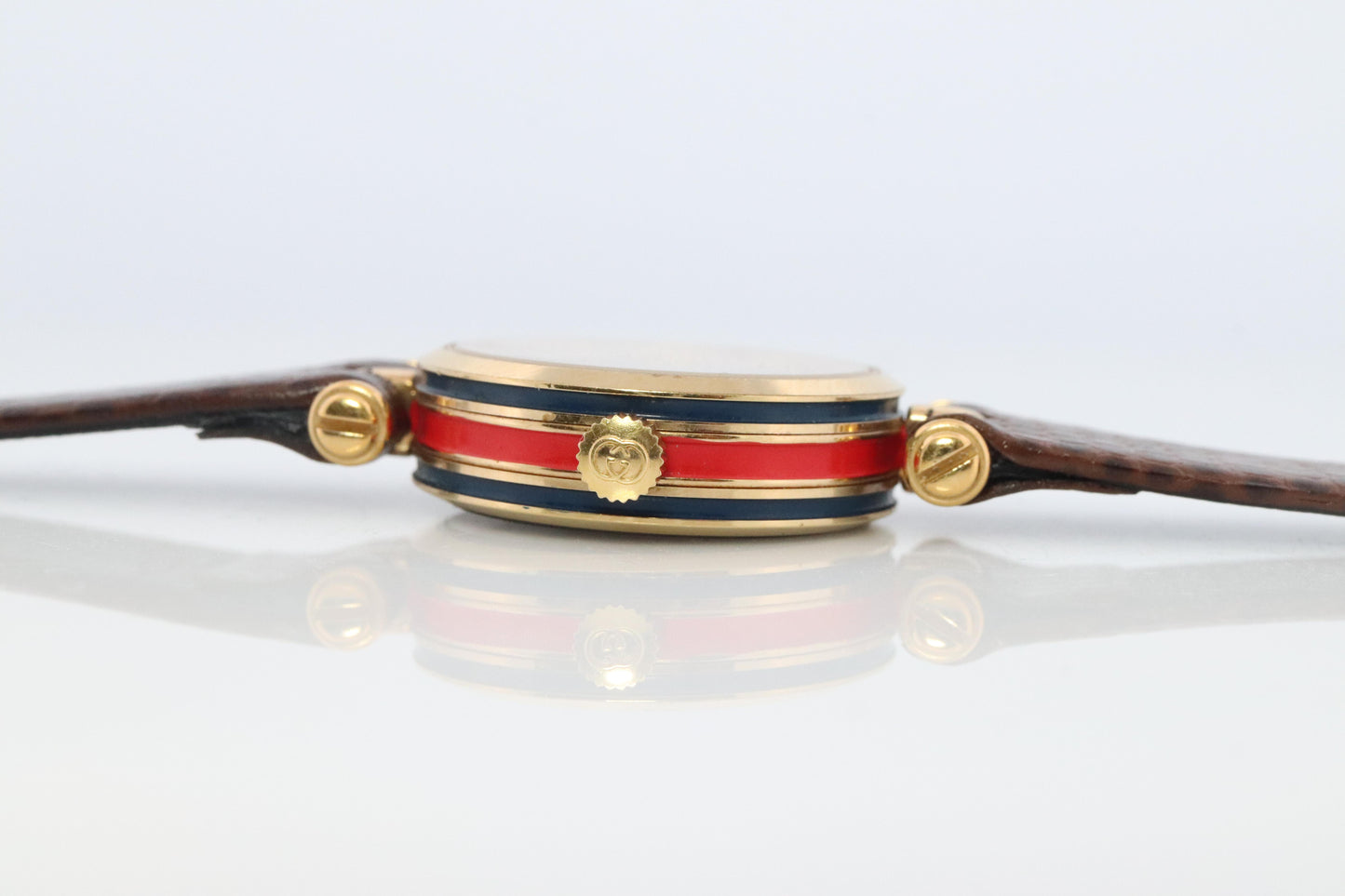 Vintage GUCCI Shelly Line Leather Watch Timepiece. 2000L Gucci Lane Blue and Red