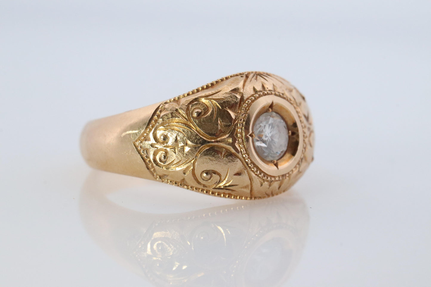 18k Round Genuine Diamond Solitaire Ring. Ornate Engraved Bezel Gypsy Shank.