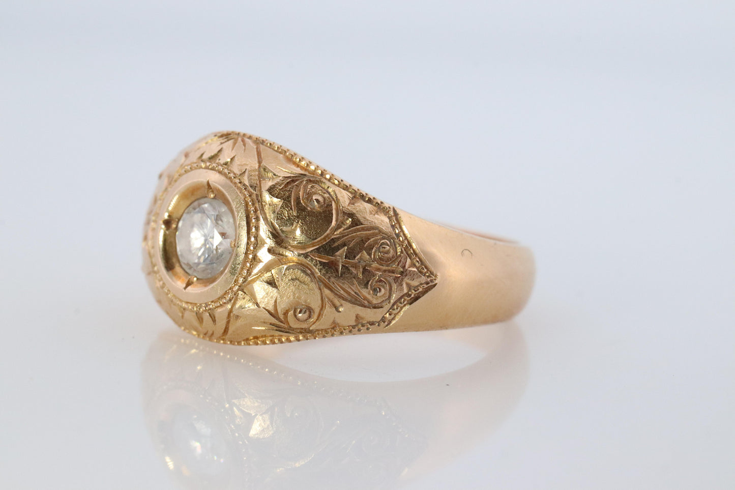 18k Round Genuine Diamond Solitaire Ring. Ornate Engraved Bezel Gypsy Shank.
