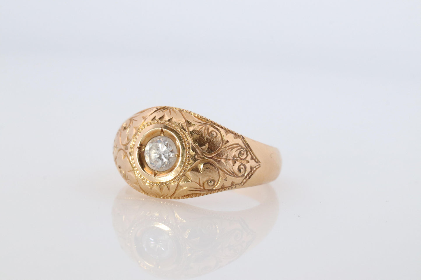 18k Round Genuine Diamond Solitaire Ring. Ornate Engraved Bezel Gypsy Shank.