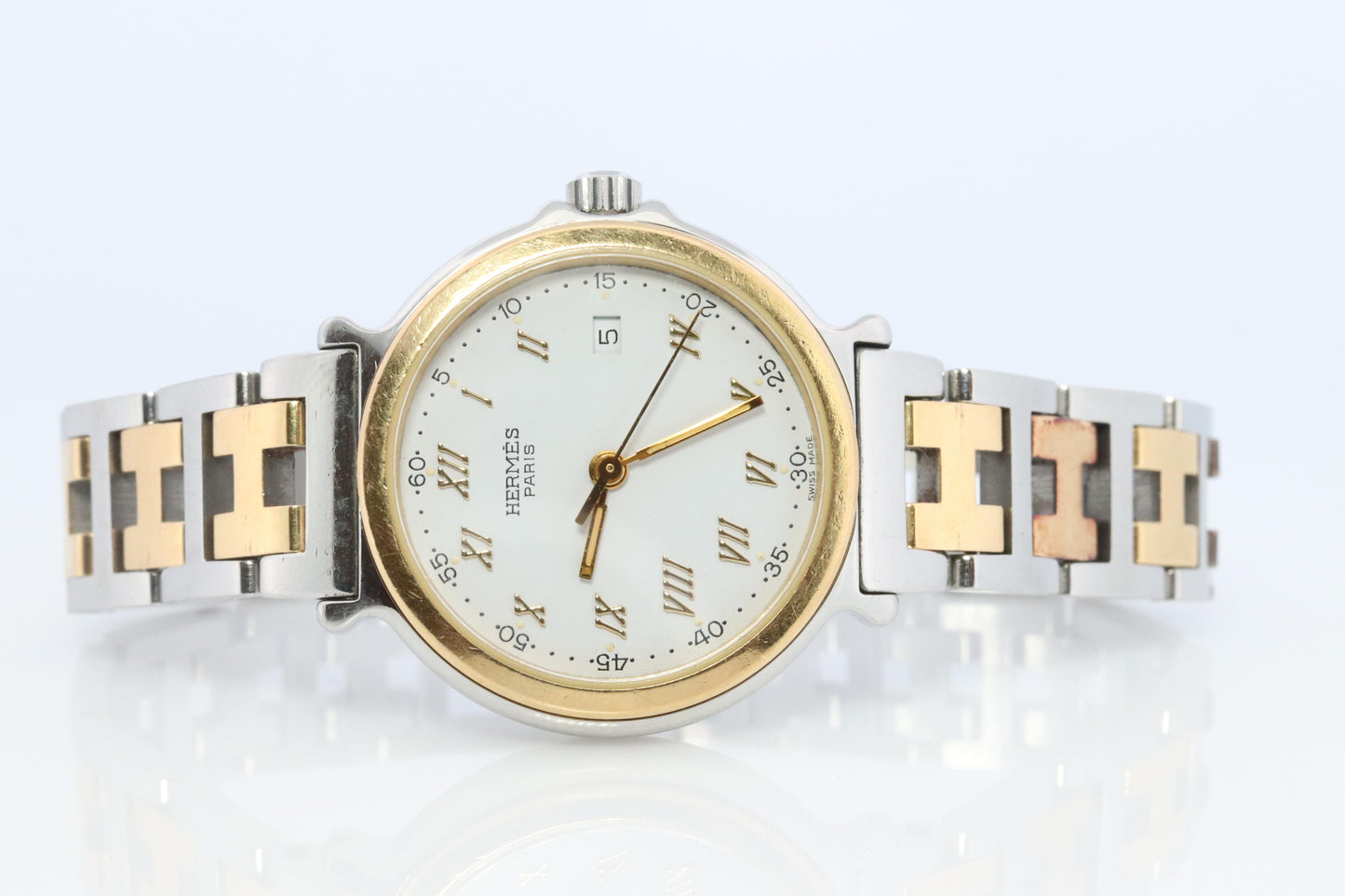 Genuine HERMES METEORE SS 28mm Round Quartz Watch White Dial