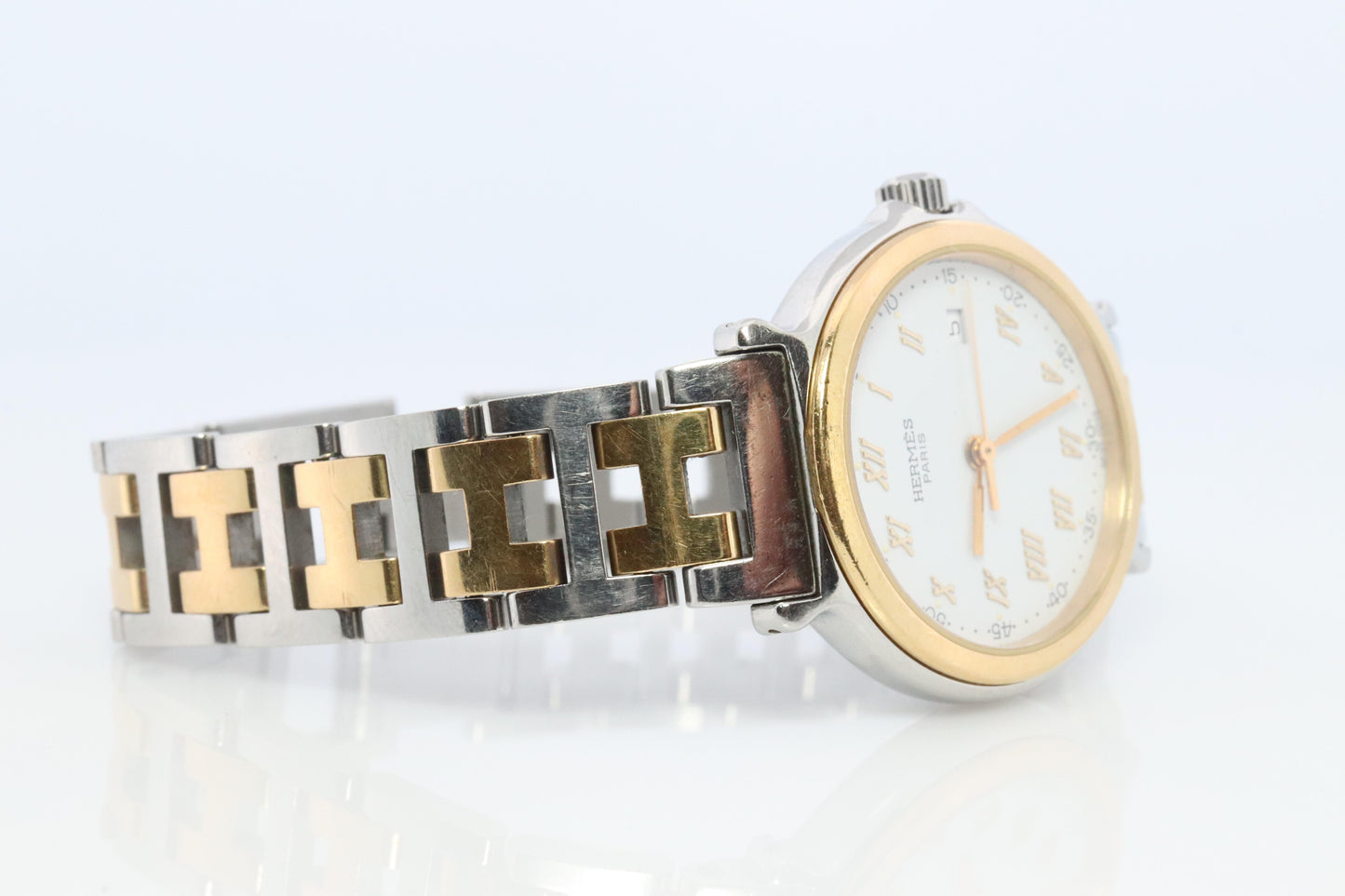 Genuine HERMES METEORE SS 28mm Round Quartz Watch White Dial