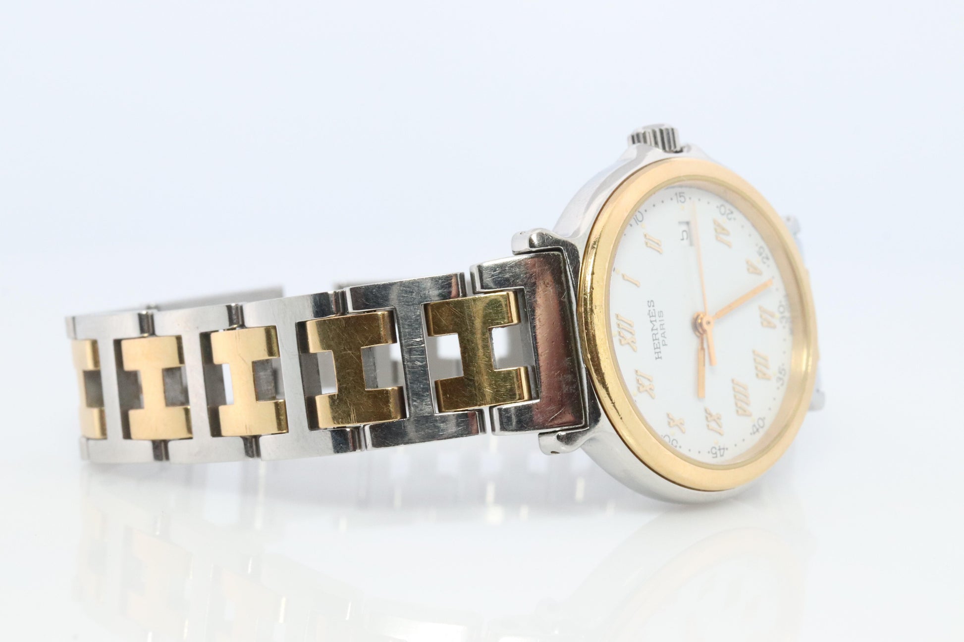 Genuine HERMES METEORE SS 28mm Round Quartz Watch White Dial
