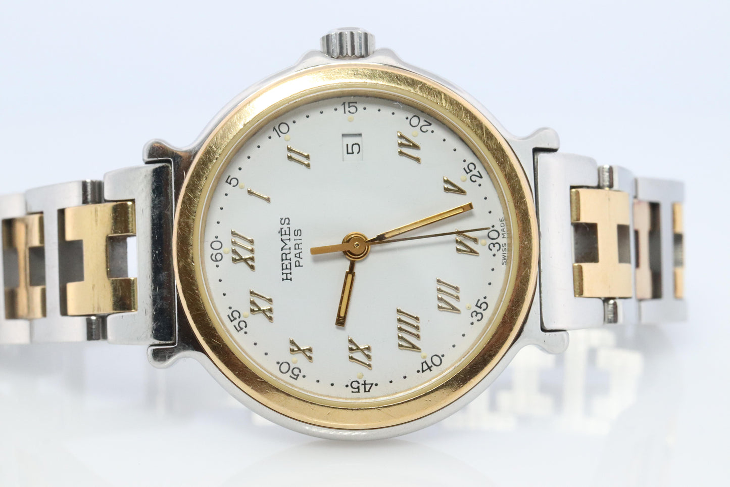 Genuine HERMES METEORE SS 28mm Round Quartz Watch White Dial