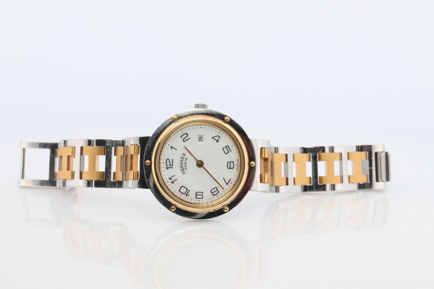 Genuine HERMES Stainless Steel 30mm Round Clipper Quartz Watch White.