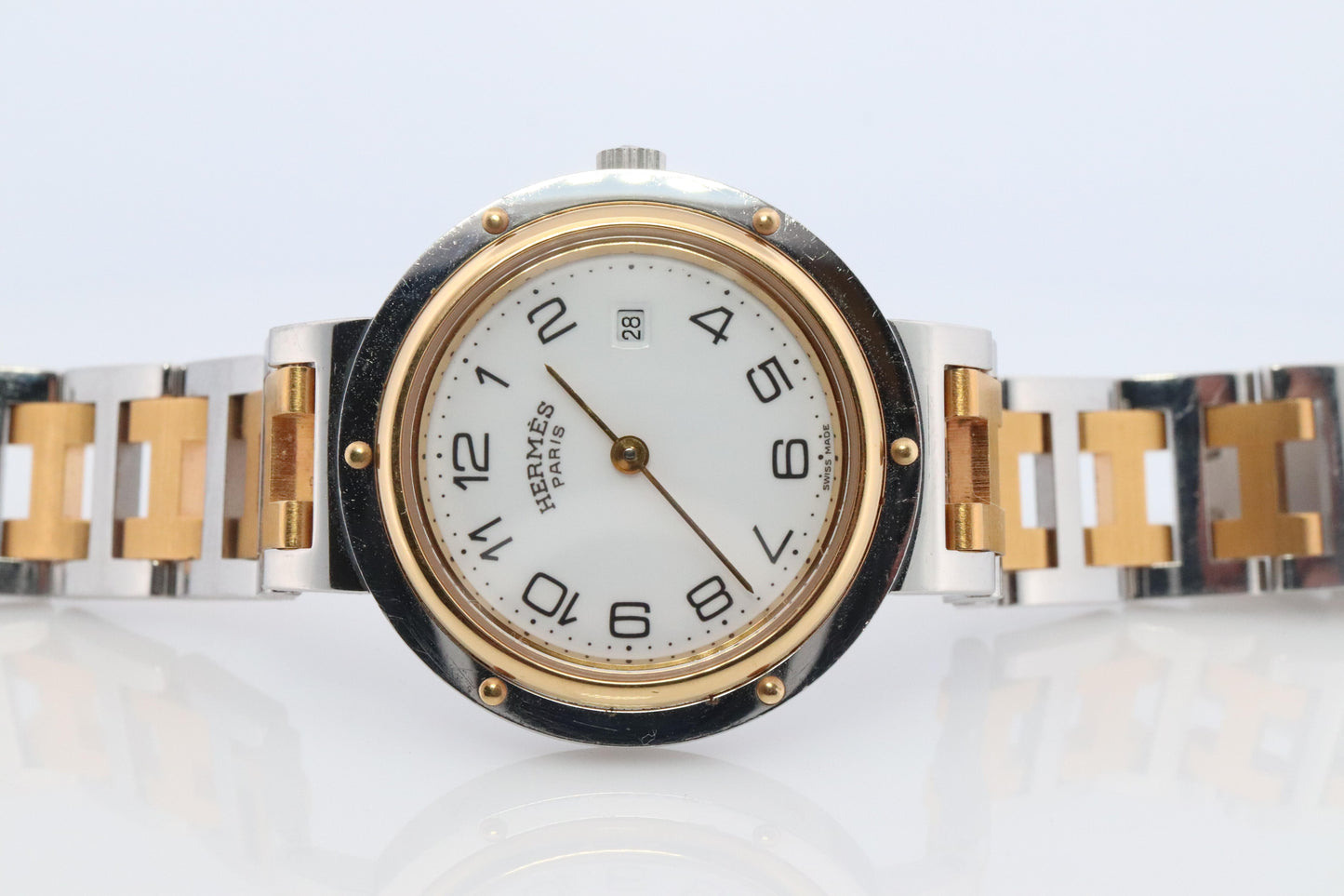 Genuine HERMES Stainless Steel 30mm Round Clipper Quartz Watch White.