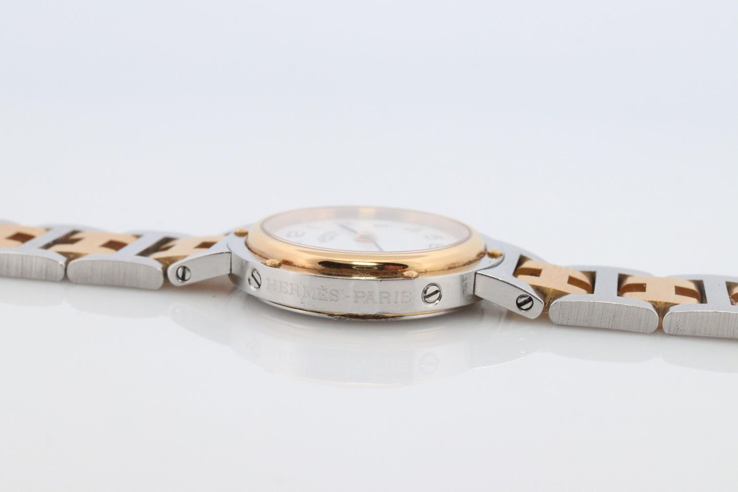 Genuine HERMES Stainless Steel 24mm Round Clipper Quartz Watch White Dial.