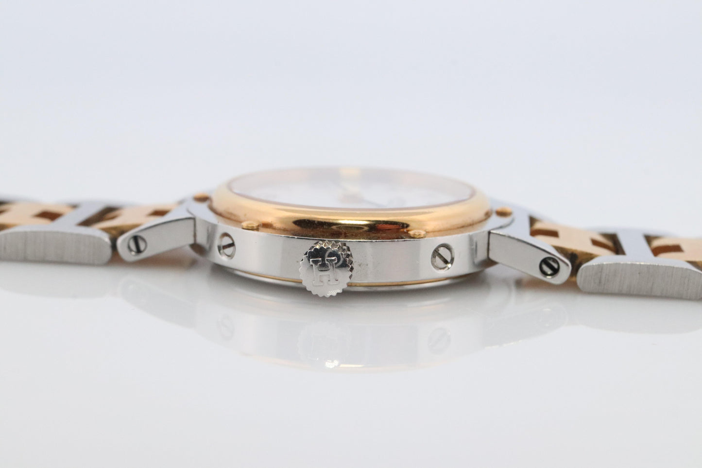 Genuine HERMES Stainless Steel 24mm Round Clipper Quartz Watch White Dial.