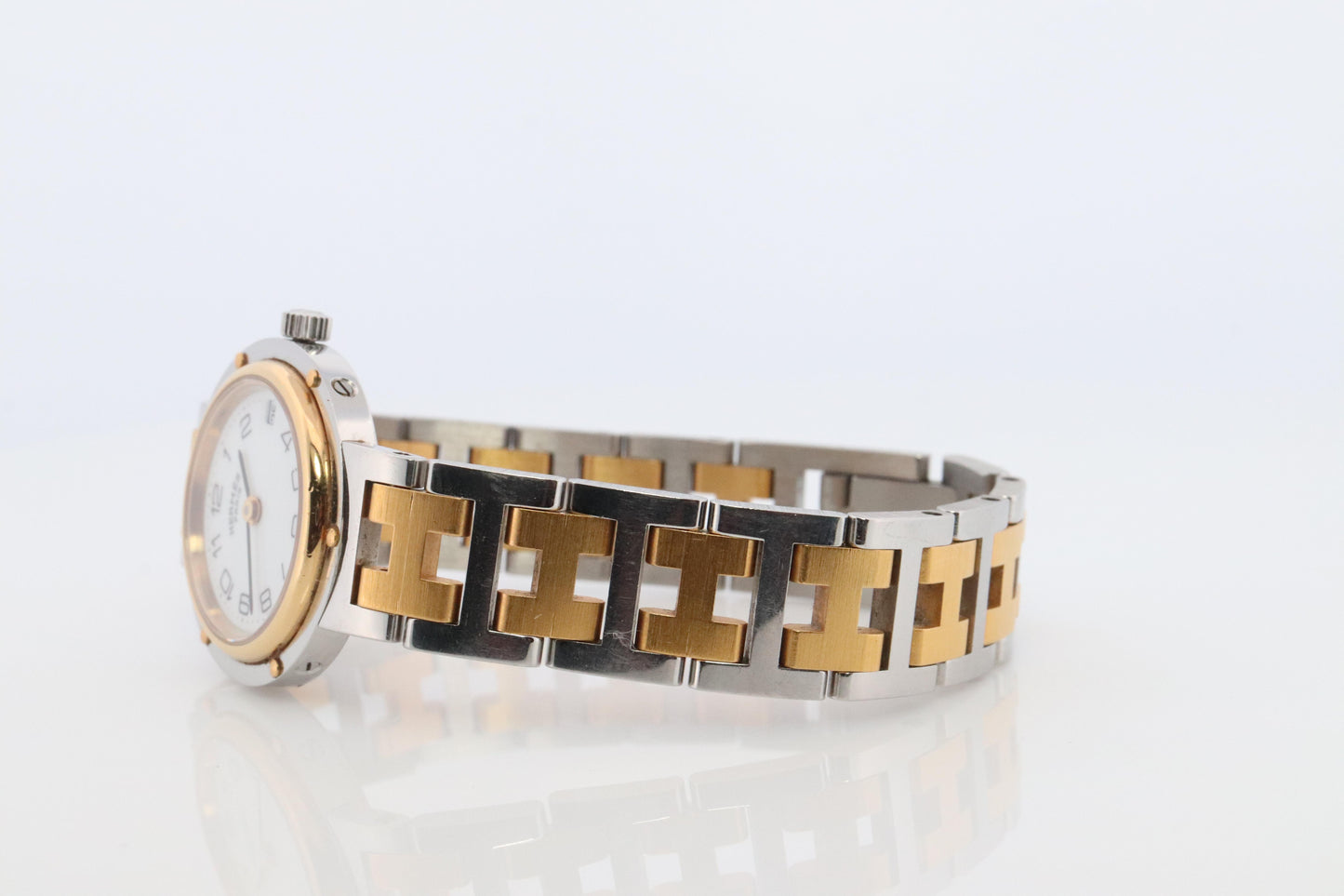 Genuine HERMES Stainless Steel 24mm Round Clipper Quartz Watch White Dial.